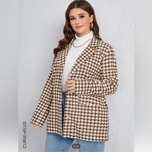SHEIN Curve Houndstooth Print Lapel Neck Blazer